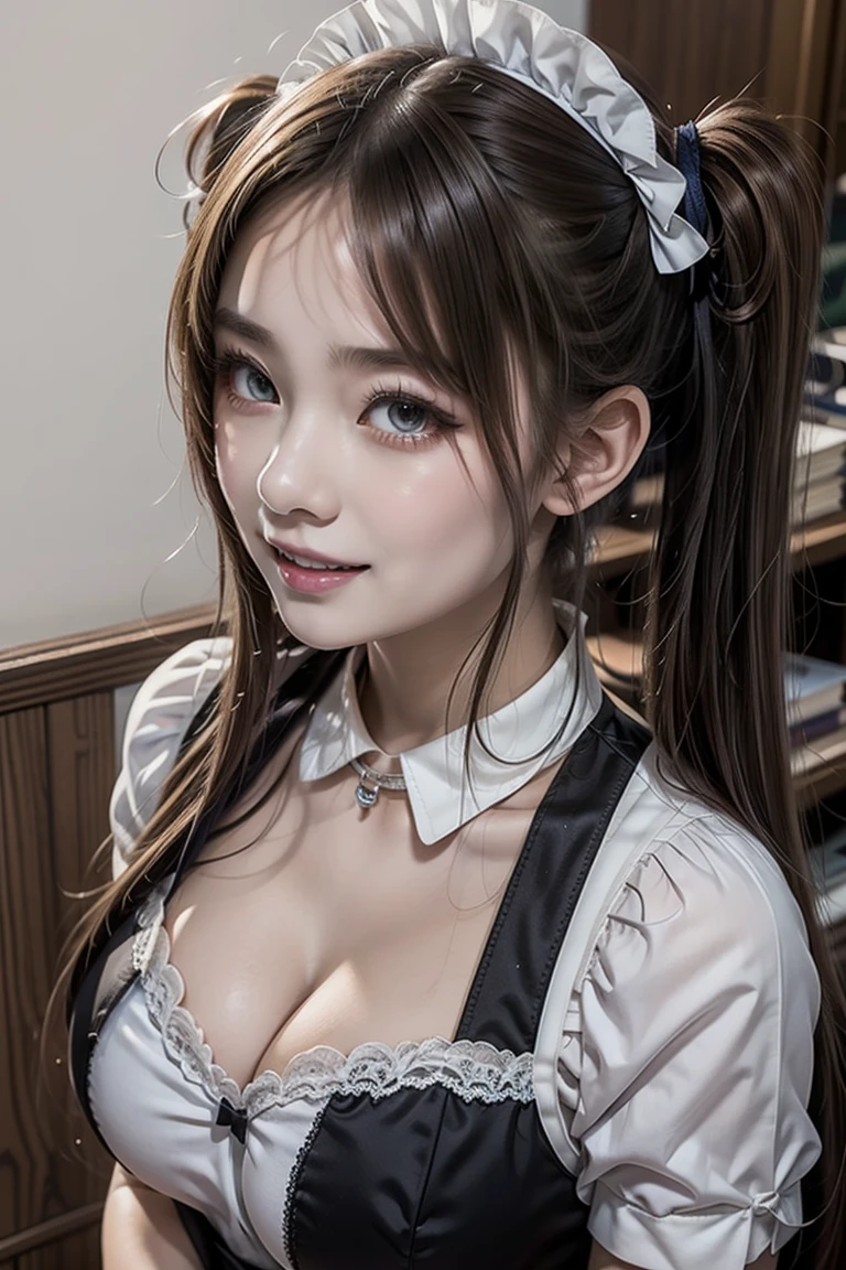 Private Maid, (compensate:1.2), Twin tails, Very long hair, Maid&#39;s Headdress, Hair Clip, Cleavage, Huge breasts, Neck bell, bow, ((Maid Apron)), White gloves, elbow gloves, Garter Straps, White knee socks, corruption, Hollow Eyes, Half-closed eyes, Wicked Smile, No students, Grin, Open your mouth, One girl, woman, 