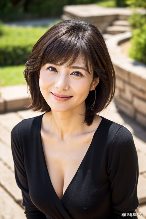 8k, highest quality, masterpiece, Real, graphic, Detailed depiction, Natural light, Japanese female 1 person, 50 years old, Slightly brown-haired, short hair, Y-shirt, (Lean forward to look at the camera on the floor), Detailed pose, On all fours, black flared skirt, Sweater without bra, Shapely bust、she is not wearing underwear、(black dress with wide open chest:1.2)、You can see your cleavage in full、Exposing breasts、Detailed depiction of the chest、A refreshing smile、Friendly smile、Happy emotion smile、The face and skin are very delicate、The eyes are very fine、The face and skin are very delicate、The smile is very delicate、grass、The sky is clear、blue sky、detailed landscape