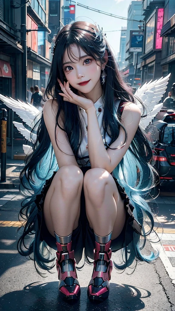 Beautiful Iron Man,Angelic countenance,Full body portrait,the long flowing blue hair,big eyes,Flashing pupils,shy,Blush,Smile,Delicate depiction of the face,Wearing a pink skirt with black,Wearing high heels,Cyberpunk,Night,Hyperrealism,Neon Street,Ray Tracing,masterpiece,Pixel Perfect,make a fist,Delicate hand engraving,Light and Shadow,Sweat,Finely drawn Model: Day Man 2, Hires upscale: 1.5