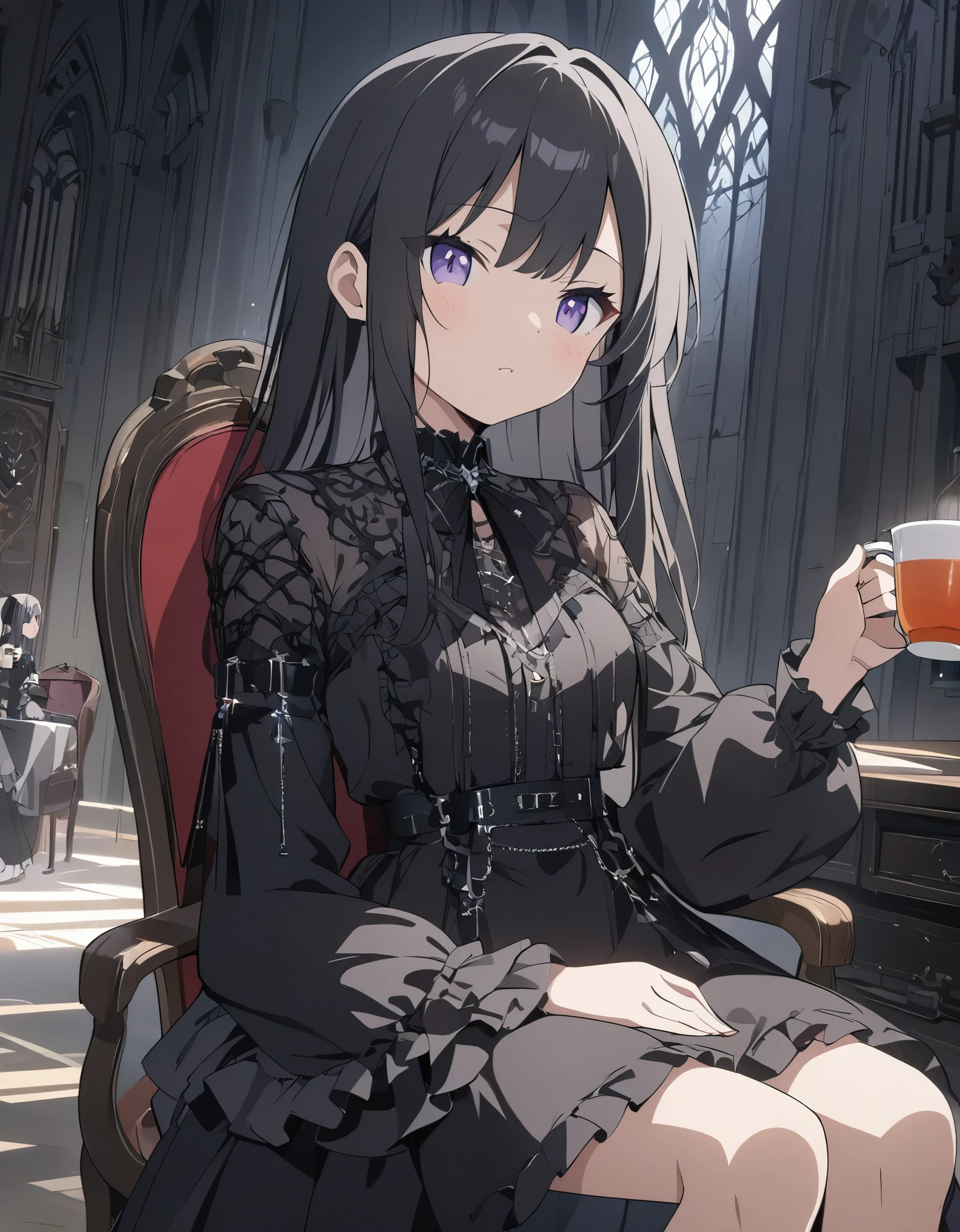 (anime style:1.4),超High resolution, Attention to detail, high quality, High resolution, 最high quality, 4K, 8K、The sunlight shines through the blurred light、Gothic dresses、Gothic room、Sitting in a chair drinking tea、Lady