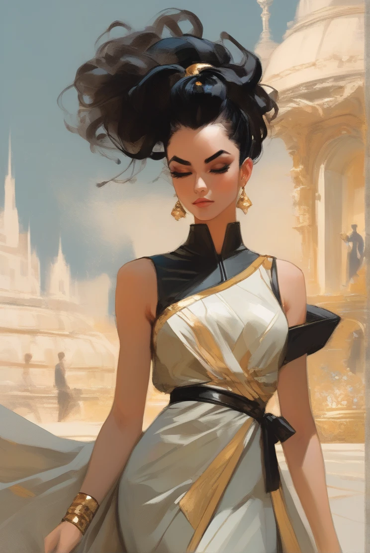 Illustration in styles of Harrison Fisher, Jeremy Mann, Alexandre Cabanel, and Tomer Hanuka, of a stunningly beautiful lady Vegeta girl + Naruto clad in an elegant dress, em seus pés with the contradiction of men's sandália, atmosphere that balances the delicate and the rugged, soft pastel hues for the dress black gold contrasting their sturdy, leather exterior, textures that interplay tone as if at