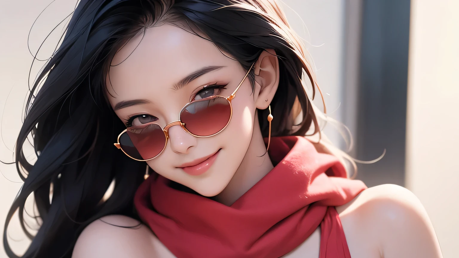 (masterpiece, best quality, 8k wallpaper, high resolution, ultra-realistic) One woman, Japanese girl, 18 years old, long hair, sunglasses, long red scarf around neck, (masterpiece: 1.2, best quality), (realistic, photorealistic: 1.4), (masterpiece, best quality), staring at you, navy blue school swimsuit, cleavage, D cup, sexy pose, dynamic angle, whole body, best proportions, white skin, black hair, looking forward, smiling, 1970s sunglasses, lots of small pink heart marks in background,