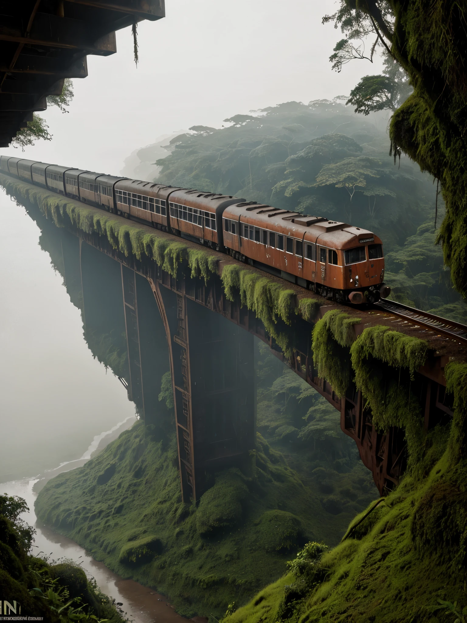 (RAW PHOTO), The rusted long train with the skull of a lion, in the Amazon jungle, on the highest cliff, Moss, fog, details, hyper-realistic, 16k
