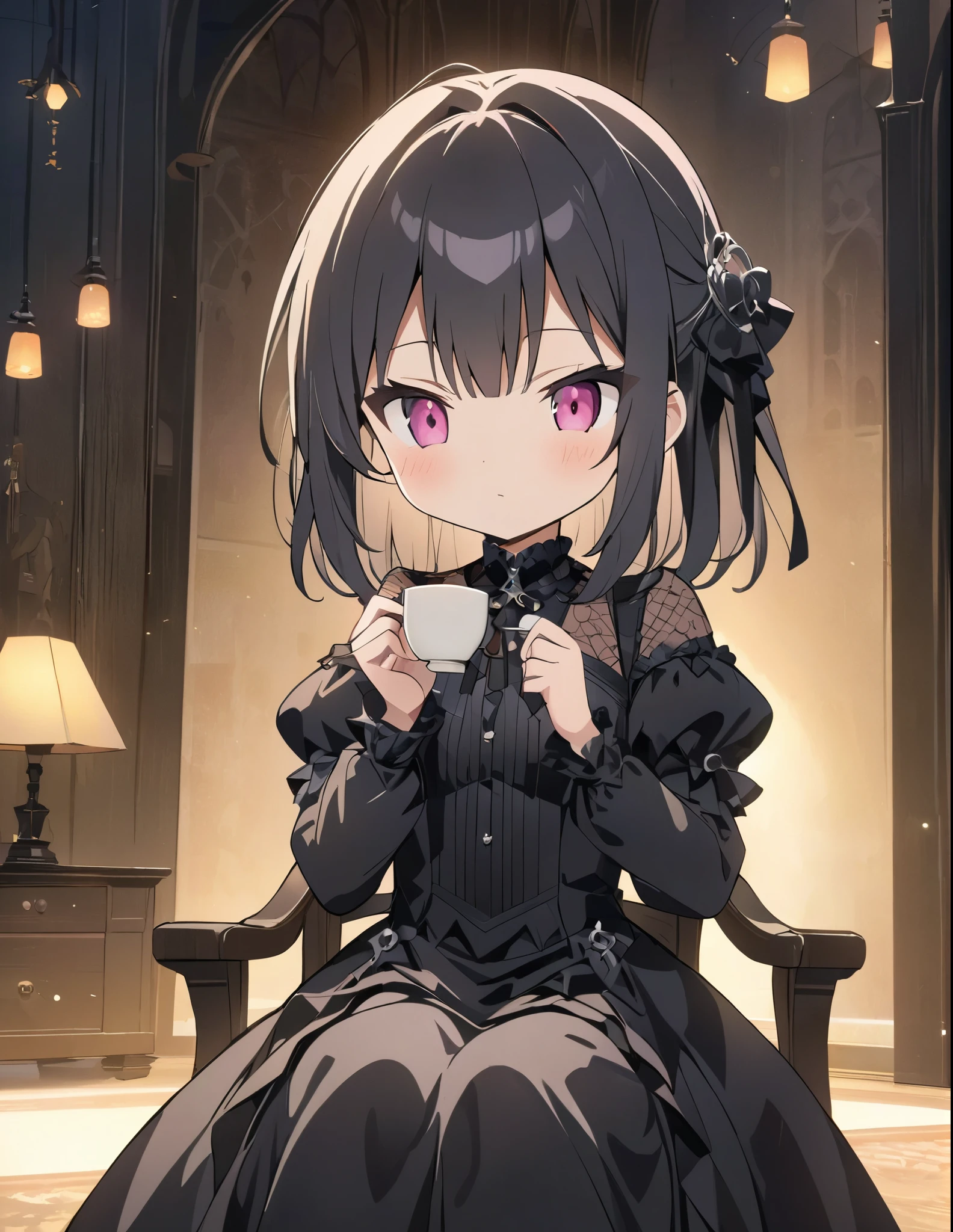 (anime style:1.4),超High resolution, Attention to detail, high quality, High resolution, 最high quality, 4K, 8K、Gothic dresses、Gothic room、Sitting in a chair drinking tea、Lady