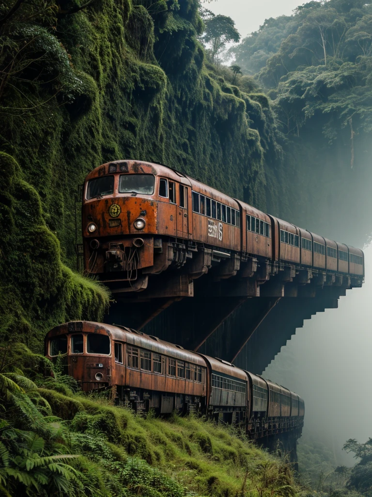 (RAW PHOTO), The rusted long train with the skull of a lion, in the Amazon jungle, on the highest cliff, Moss, fog, details, hyper-realistic, 16k
