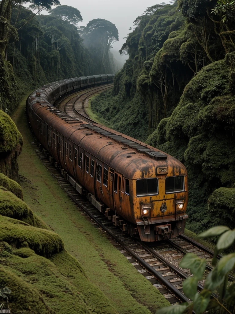 (RAW PHOTO), The rusted long train with the skull of a lion, in the Amazon jungle, on the highest cliff, Moss, fog, details, hyper-realistic, 16k