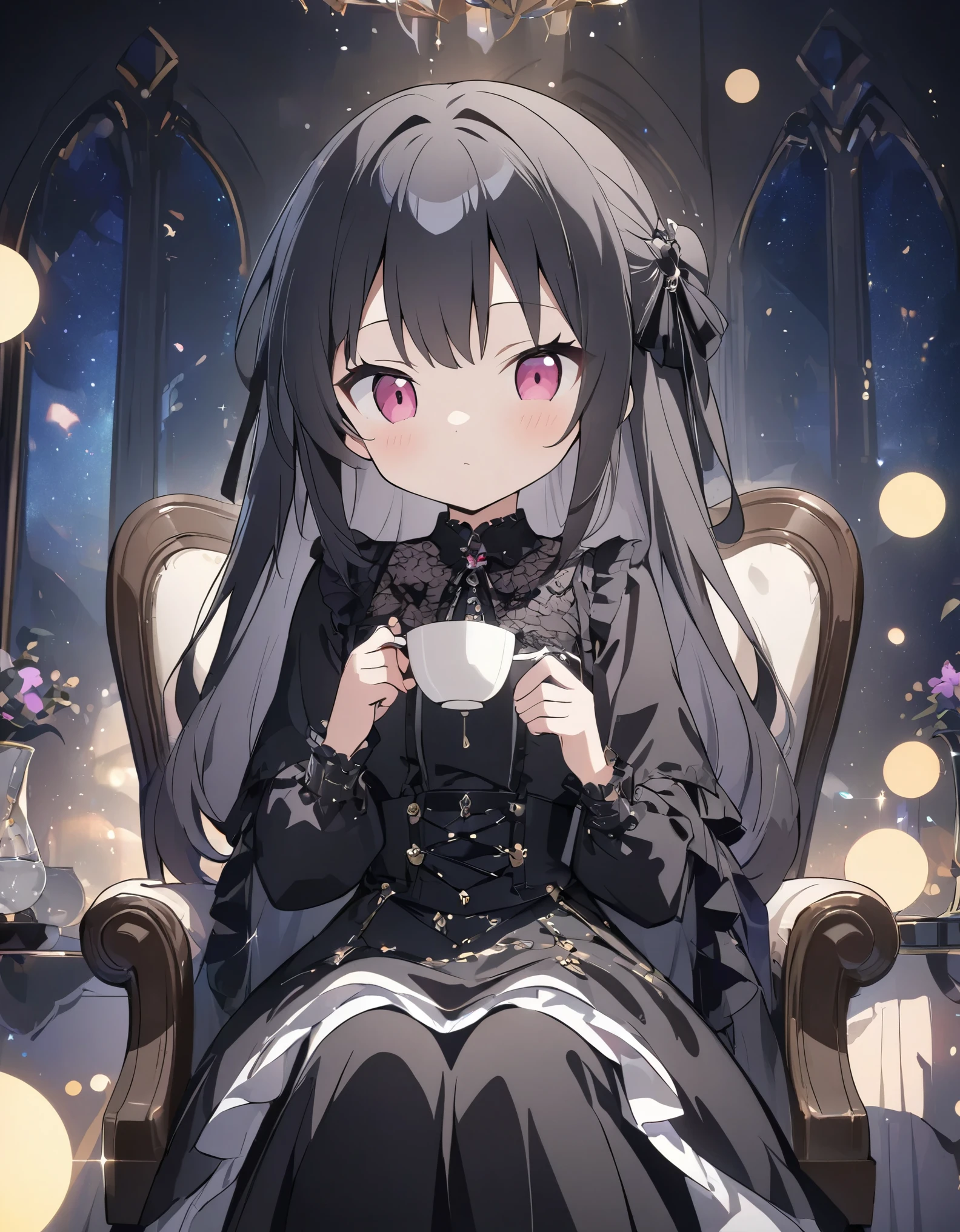 (anime style:1.4),超High resolution, Attention to detail, high quality, High resolution, 最high quality, 4K, 8K、Gothic dresses、Gothic room、Sitting in a chair drinking tea、Lady