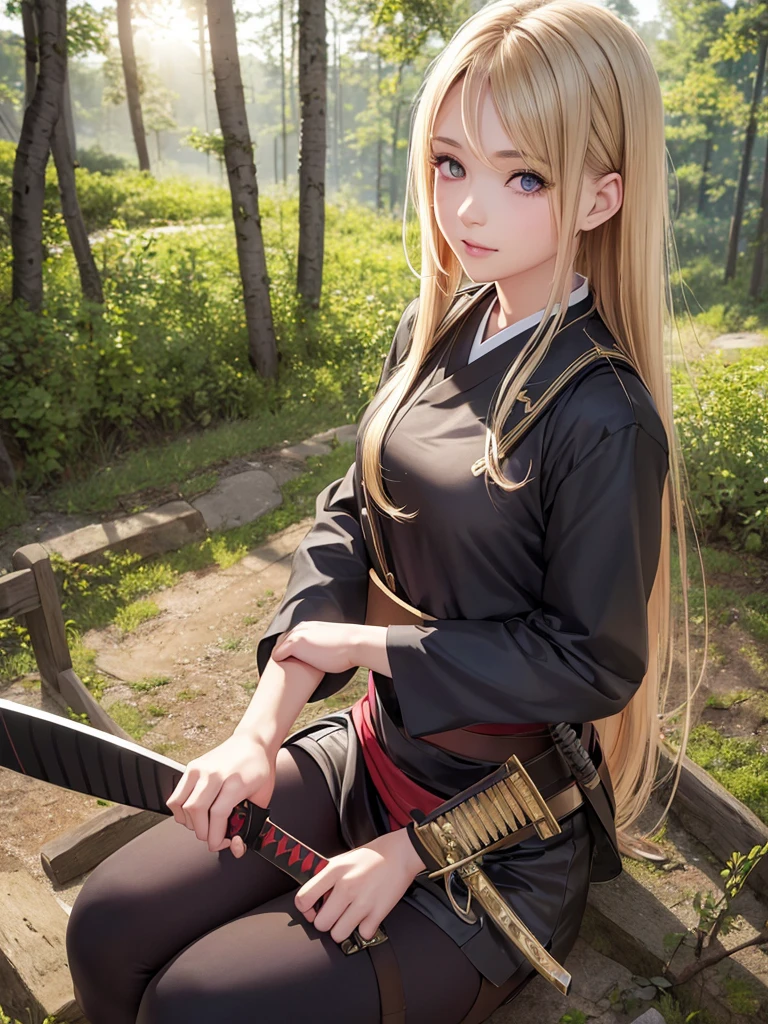 a teenage girl, blonde-brown hair, beautiful detailed eyes, long eyelashes, pretty lips, anime-style nose, beautiful face, 15 years old, demon slayer standard corps uniform, long black-red haori, katana sword, peaceful forest background, summer morning, kind smile, anime style, (best quality, 8k, 4k, highres, masterpiece:1.2), ultra-detailed, (realistic, photorealistic, photo-realistic:1.37), HDR, UHD, studio lighting, vivid colors, bokeh