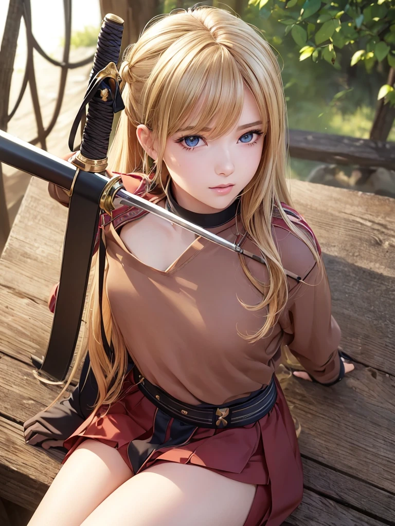 a teenage girl, blonde-brown hair, beautiful detailed eyes, long eyelashes, pretty lips, anime-style nose, beautiful face, 15 years old, demon slayer standard corps uniform, long black-red haori, katana sword, peaceful forest background, summer morning, kind smile, anime style, (best quality, 8k, 4k, highres, masterpiece:1.2), ultra-detailed, (realistic, photorealistic, photo-realistic:1.37), HDR, UHD, studio lighting, vivid colors, bokeh