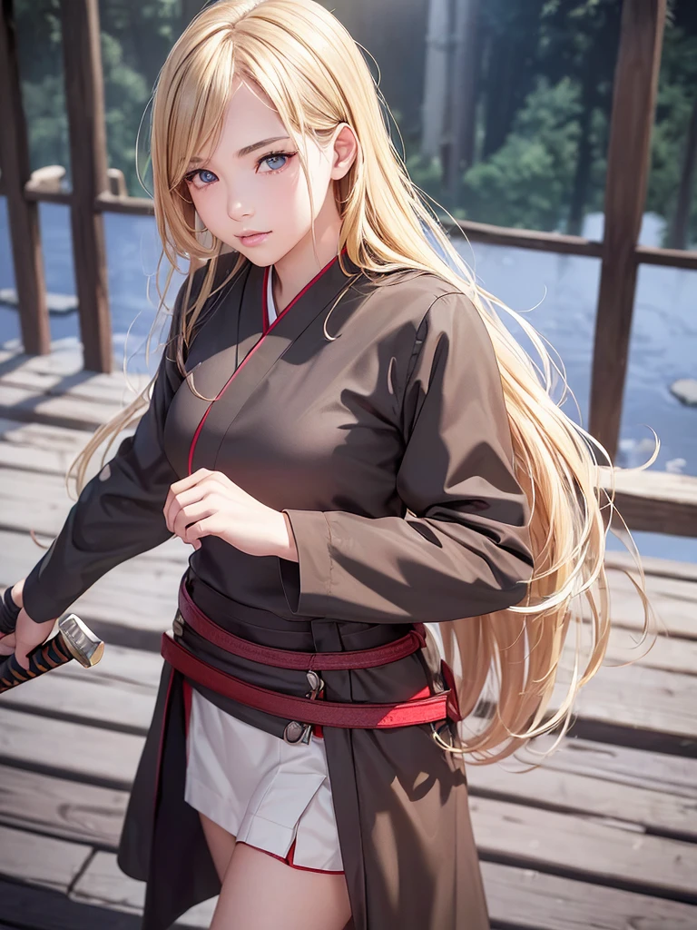 a  girl, blonde-brown hair, beautiful detailed eyes, long eyelashes, pretty lips, anime-style nose, beautiful face, 15 year slayer standard corps uniform, long black-red haori, katana sword, peaceful forest background, summer morning, kind smile, anime style, (best quality, 8k, 4k, highres, masterpiece:1.2), ultra-detailed, (realistic, photorealistic, photo-realistic:1.37), HDR, UHD, studio lighting, vivid colors, bokeh