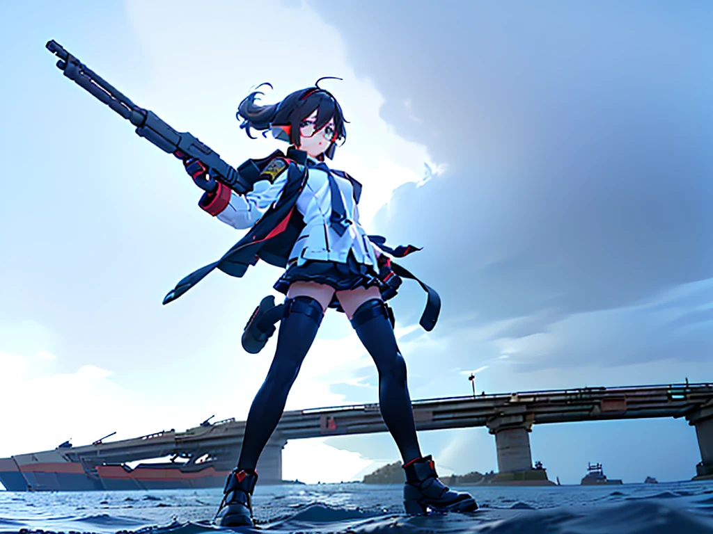 (((masterpiece, Vision))), ((((Full body of a woman with perfect flat chest、1 Female、solo、Short unkempt black hair、Tie your messy hair at the nape of your neck、white military jacket、Miko costume、black tights、Black glasses are black、White military cap、Cloudy black eyes、Confused eyes、Junyo-inspired emblem)))), (((Shipgirl))), ((Floating on the morning sea with both feet)), (Standing with your legs apart)), Aim, (Hold the shotgun turret grip with your right hand), (Four mechanical tentacles covered in white armor extend from its back.), (Holding a shotgun with metal tentacles), (Equipped with a bridge on the back), (His left arm holds the grip of a triple-barreled shotgun),