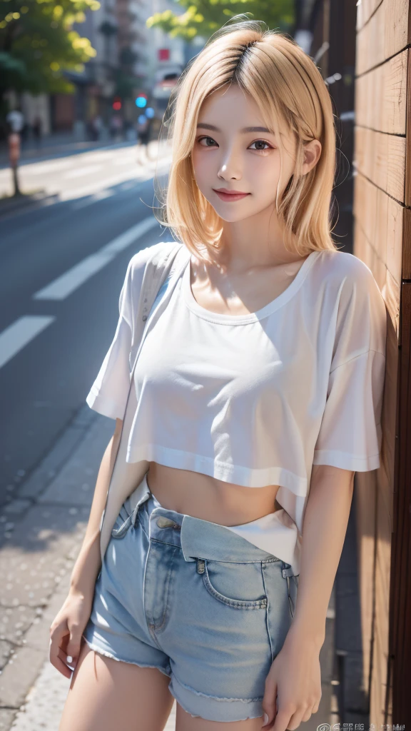 ((Highest quality)), ((masterpiece)), (Cinematic aesthetics:1.4) Beautiful Asian Fashion Model、thin eyebrows,Double eyelids of the eyes,Shortcut Wolf,hair color is blonde,Clear Skin,Smile,Tight T-shirt,Shorts,Beautiful legs,sneakers,Default,whole body,sexy