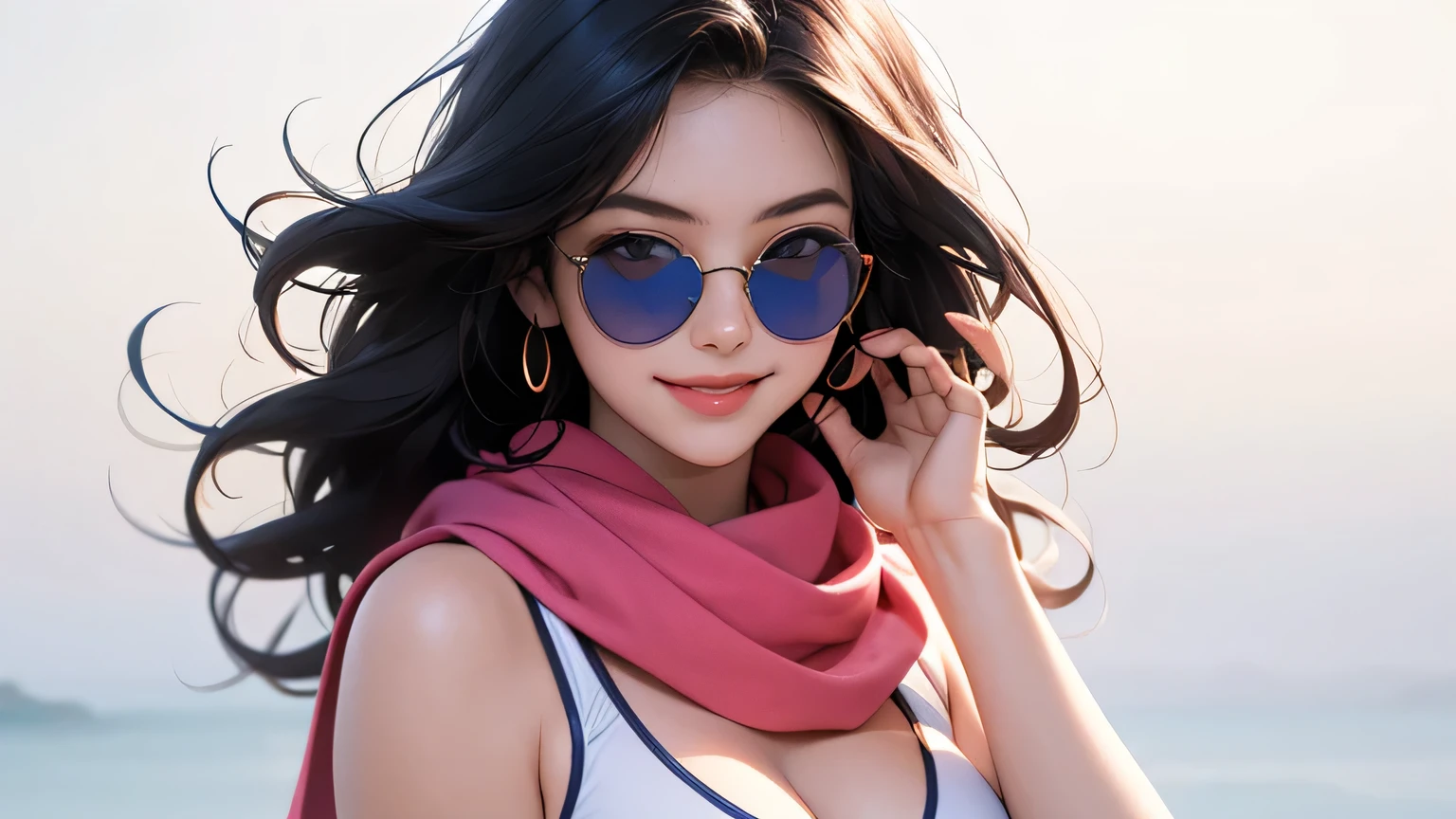 (masterpiece, best quality, 8k wallpaper, high resolution, ultra-realistic) One woman, Japanese girl, 18 years old, long hair, sunglasses, long red scarf around neck, (masterpiece: 1.2, best quality), (realistic, photorealistic: 1.4), (masterpiece, best quality), staring at you, navy blue school swimsuit, cleavage, D cup, sexy pose, dynamic angle, whole body, best proportions, white skin, black hair, looking forward, smiling, 1970s sunglasses, lots of small pink heart marks in background,