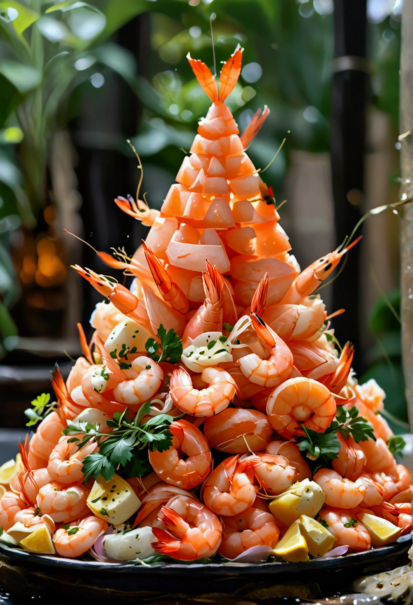 Create an illustration that meets the following criteria: -The main ingredient is shrimp - Pyramid-shaped tiered shrimp - At the top are Princess Shrimp and King Shrimp - 3 shrimp entourages on the second level - 5 shrimp maids on the third row - 8 shrimp musicians on the 4th level - 10 shrimp guards on the 5th level