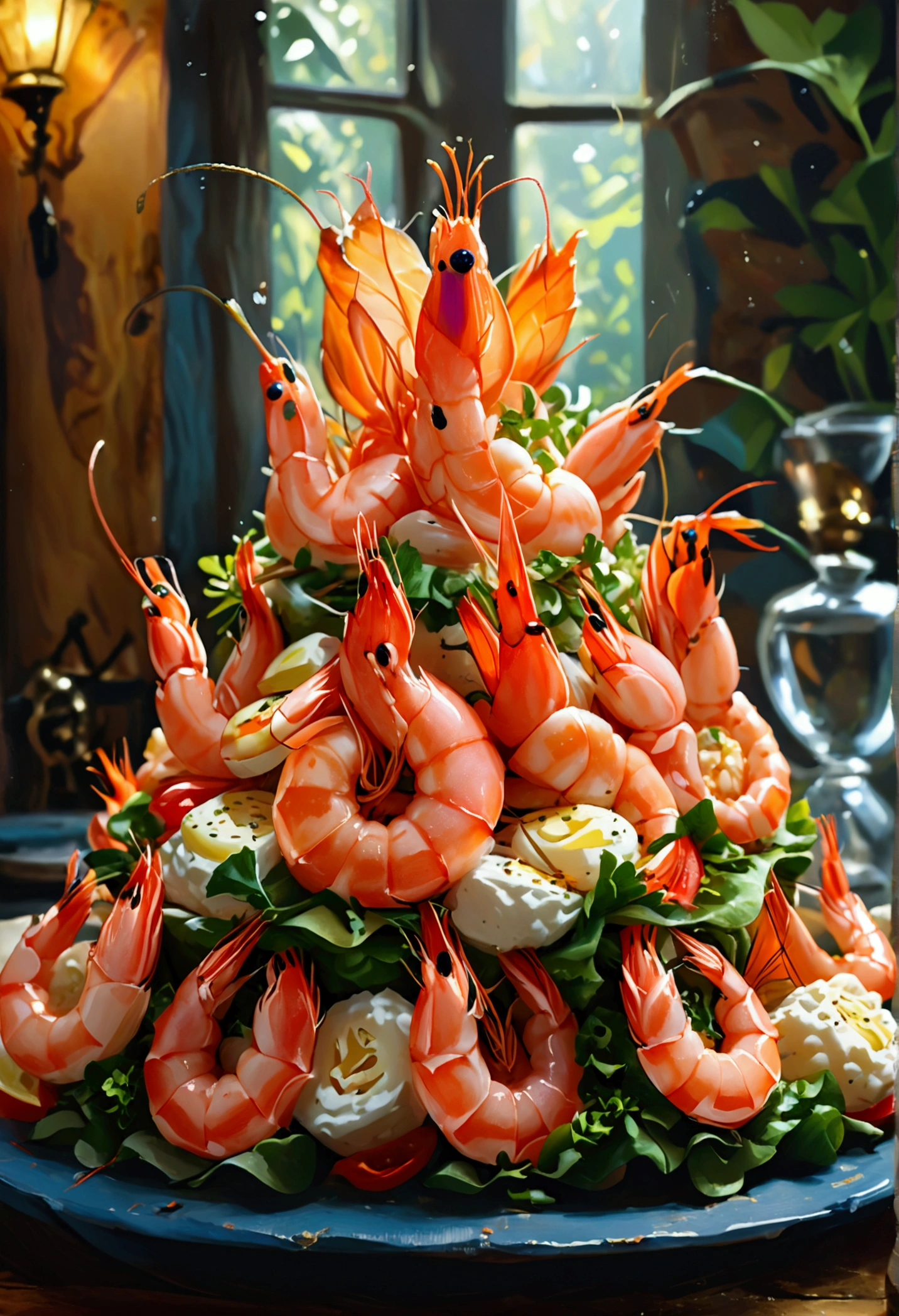Create an illustration that meets the following criteria: -The main ingredient is shrimp - Pyramid-shaped tiered shrimp - At the top are Princess Shrimp and King Shrimp - 3 shrimp entourages on the second level - 5 shrimp maids on the third row - 8 shrimp musicians on the 4th level - 10 shrimp guards on the 5th level