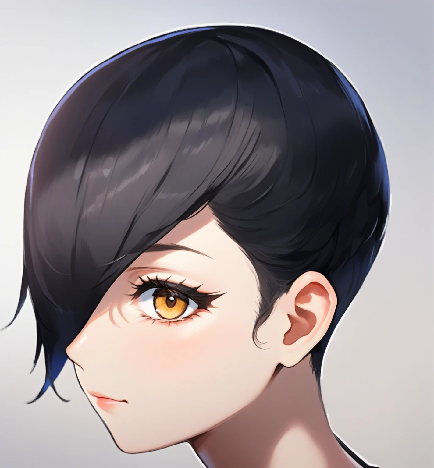 a young woman with short black hair, anime woman headshot profile, trigger anime artstyle, persona 5 art style wlop, profile of anime girl, androgynous face, detailed face, beautiful detailed eyes, beautiful detailed lips, extremely detailed eyes and face, long eyelashes, 1girl, digital illustration, 8k, high quality, studio lighting, masterpiece, vibrant colors, dramatic lighting, neon colors