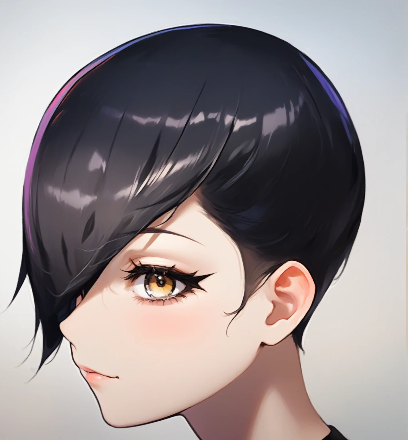 a young woman with short black hair, anime woman headshot profile, trigger anime artstyle, persona 5 art style wlop, profile of anime girl, androgynous face, detailed face, beautiful detailed eyes, beautiful detailed lips, extremely detailed eyes and face, long eyelashes, 1girl, digital illustration, 8k, high quality, studio lighting, masterpiece, vibrant colors, dramatic lighting, neon colors