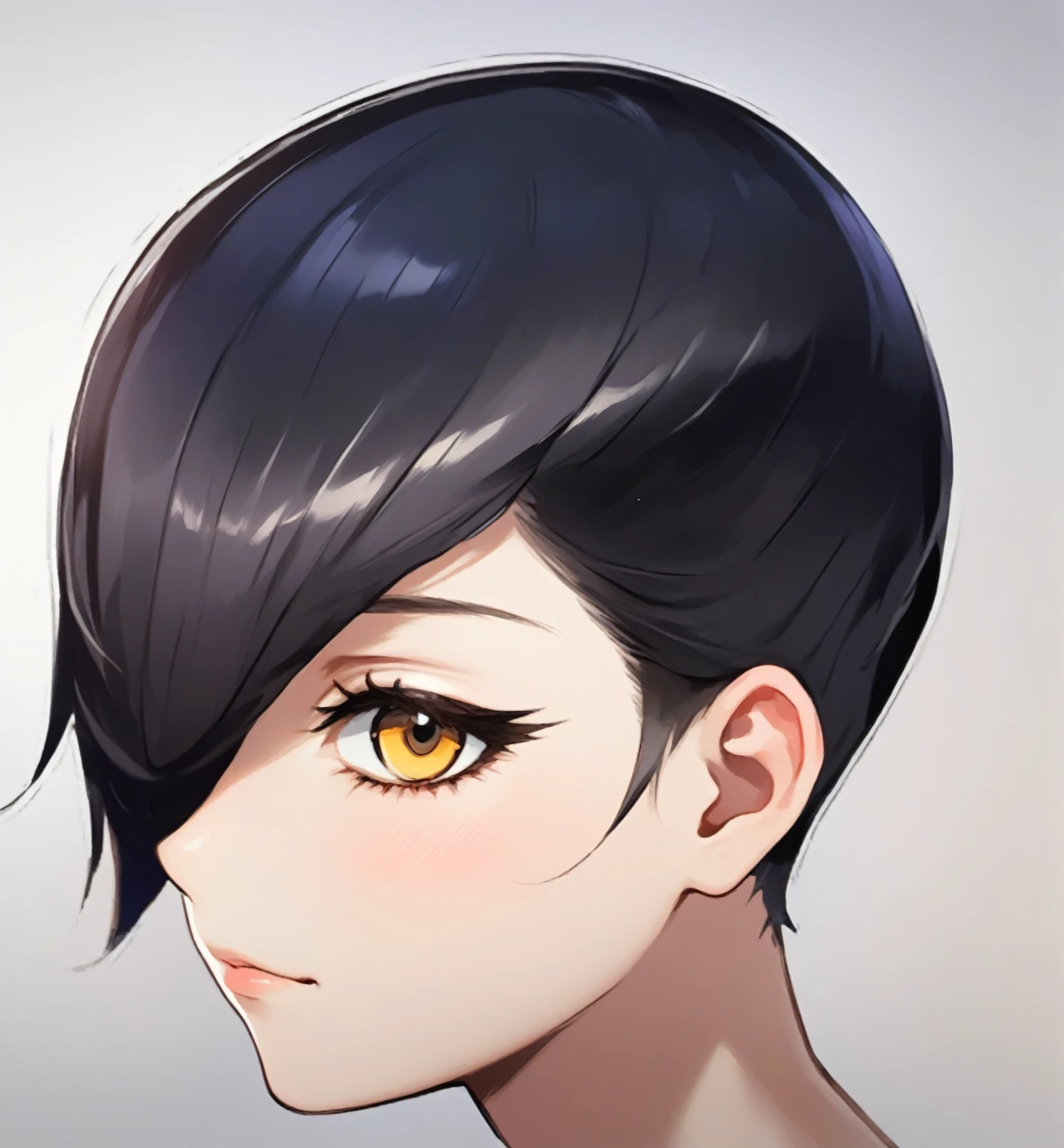 a young woman with short black hair, anime woman headshot profile, trigger anime artstyle, persona 5 art style wlop, profile of anime girl, androgynous face, detailed face, beautiful detailed eyes, beautiful detailed lips, extremely detailed eyes and face, long eyelashes, 1girl, digital illustration, 8k, high quality, studio lighting, masterpiece, vibrant colors, dramatic lighting, neon colors