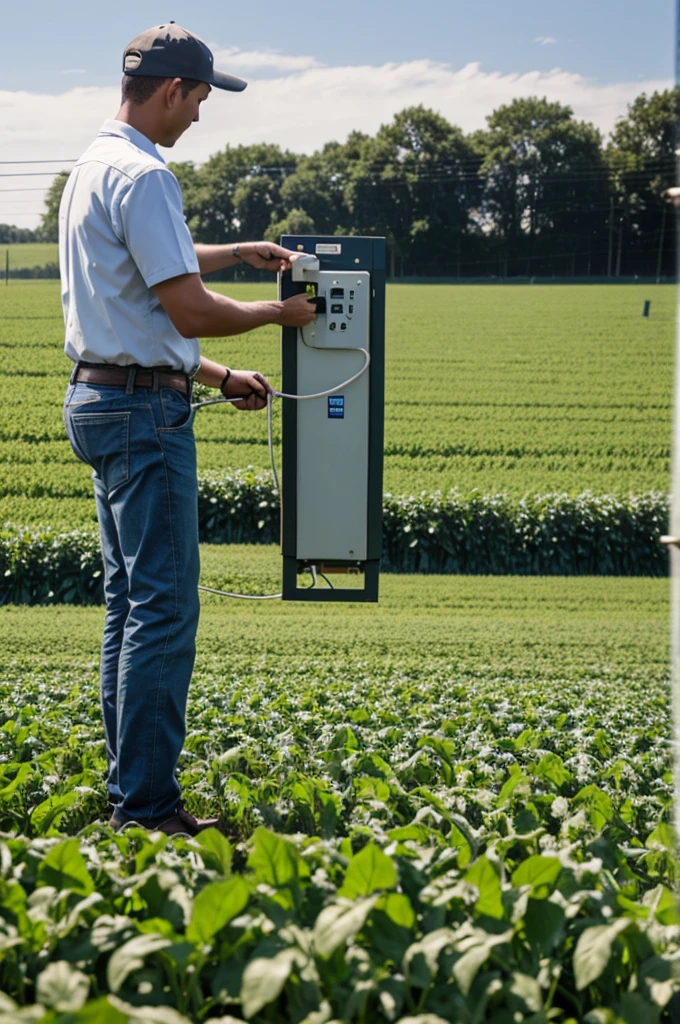 A human installing an electric fence around a crop