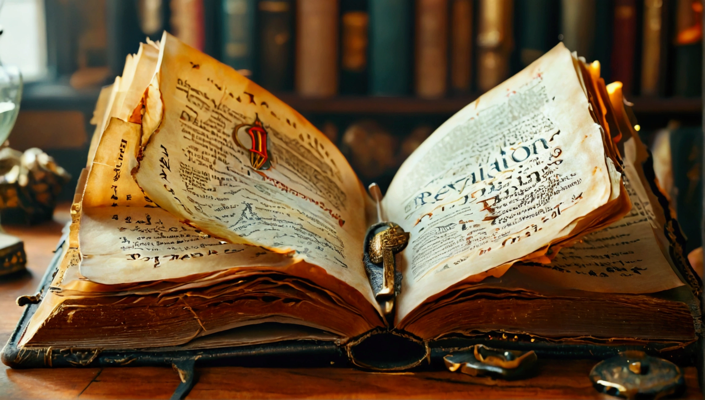 The book of revelation being half way opened and written on it "The conclusion and the beginning of the book of Revelation"