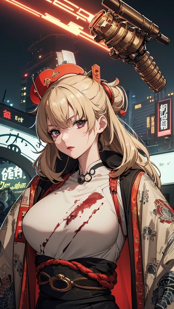 ((8K resolution))、((highest quality))、((masterpiece))、((Very detailed))((((dramatic))), (Anatomically correct)、((theme、whole body:1.1)),The depth of the object to write、Looking at the camera、front、(Mechanical bones格、Mechanical boneechanical Cervical Vertebra、Long and thin、Round sunglasses、lipstick、kimono、Bloody)、revolver、Magnum、spooky、an ominous、SF、Biomechanics、background:Kowloon Fortress、neon