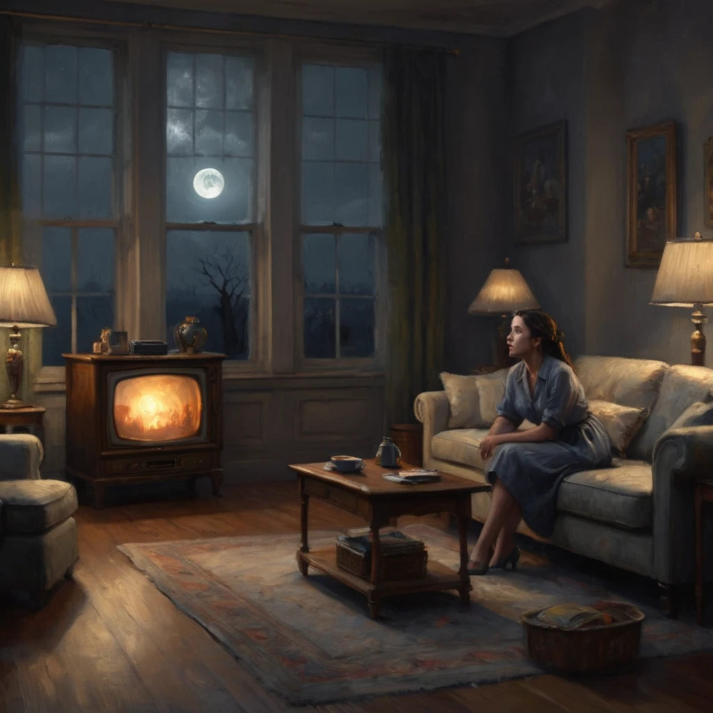 (best quality,4k,8k,highres,masterpiece:1.2),ultra-detailed,(realistic, photorealistic,photo-realistic:1.37), ((Horrow, scary scene, night: 1.5)), (Living room, Erika watching a movie, moonlight, old furniture.)