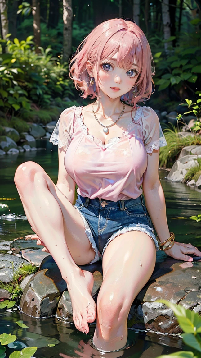 (Masterpiece, BestQuality:1.3), (ultra detailed:1.2), (hyperrealistic:1.3), (RAW photo:1.2), High detail RAW color photo, professional photograph, (Photorealistic:1.4), (realistic:1.4), (Pink Hair:1.5), professional lighting, perfect anatomy, (Big Breasts:1.2), (blush, detailed face), (cheerful Smile:1.5), Trending Hair&Trending Hairカラーをランダムに, earrings, necklace, bracelet, sexly, erotic sexly, Random sexy gravure poses, (In a stream in the forest、A woman wearing a white lace top and denim shorts sits with her feet in the water。A flowing stream in the background、Accessory: pearl bracelet。:1.3)