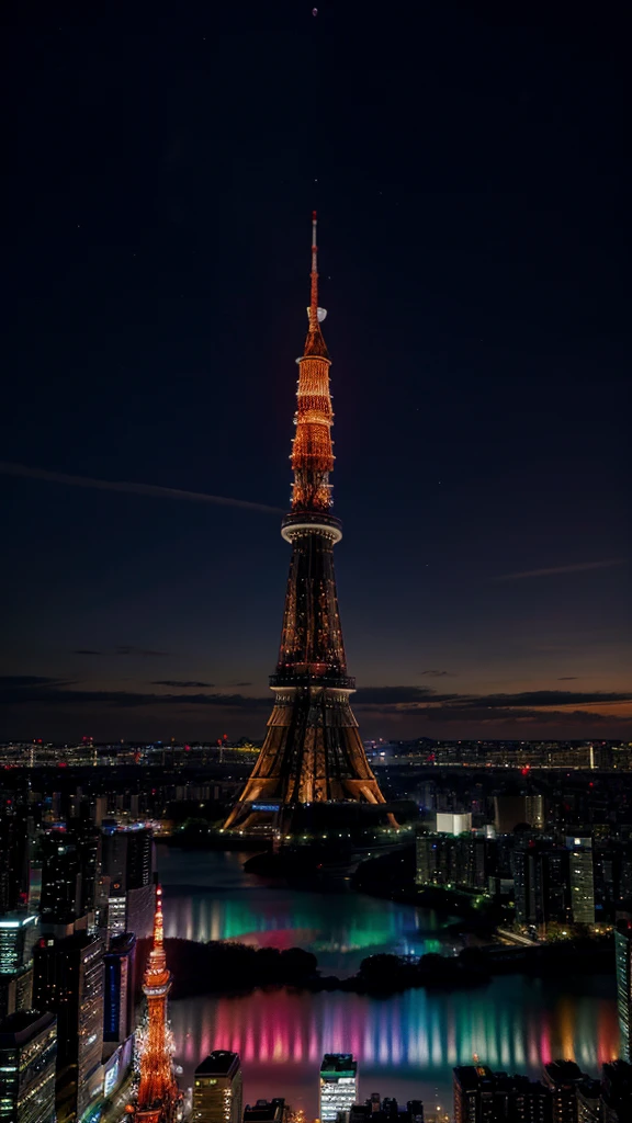 A stunning night scene of Tokyo Tower, shot by a drone in 2K quality using Starvis technology. The detailed and realistic cityscape sparkles with vivid lights. The sky is filled with dynamic, vibrant auroras, and a majestic, intricately detailed unicorn gracefully gallops through the air, adding a fantastical touch to the scene. The colors and contrast are enhanced to create a more vivid and beautiful image.