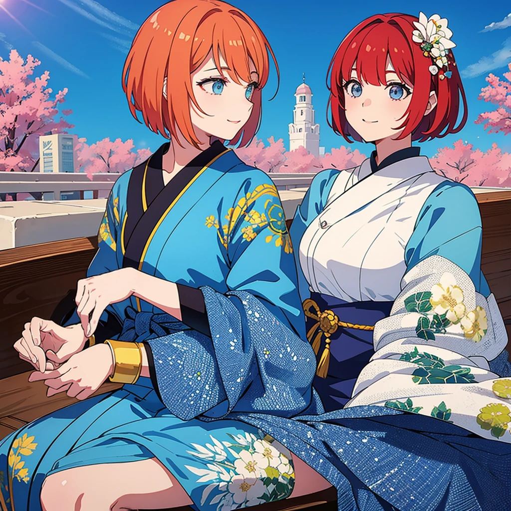 1 girl,Redhead Bob Cut、Long Bangs、The eyes are blue、Light blue kimono 、Cute smile、From the front towards you、profile,In 8K, Surreal, Lens flare,A fun atmosphere, Shine, be familiar with, complicated, Many colors, Bright lighting, Trending on Art Station,, Surreal, Cat focus, 極限be familiar with, Unreal Engine 5, masterpiece, Highest quality、Upper Body