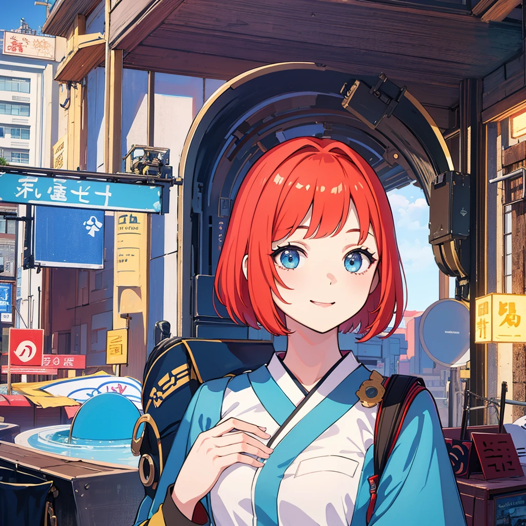 1 girl,Redhead Bob Cut、Long Bangs、The eyes are blue、Light blue kimono 、Cute smile、From the front towards you、profile,In 8K, Surreal, Lens flare,A fun atmosphere, Shine, be familiar with, complicated, Many colors, Bright lighting, Trending on Art Station,, Surreal, Cat focus, 極限be familiar with, Unreal Engine 5, masterpiece, Highest quality、Upper Body