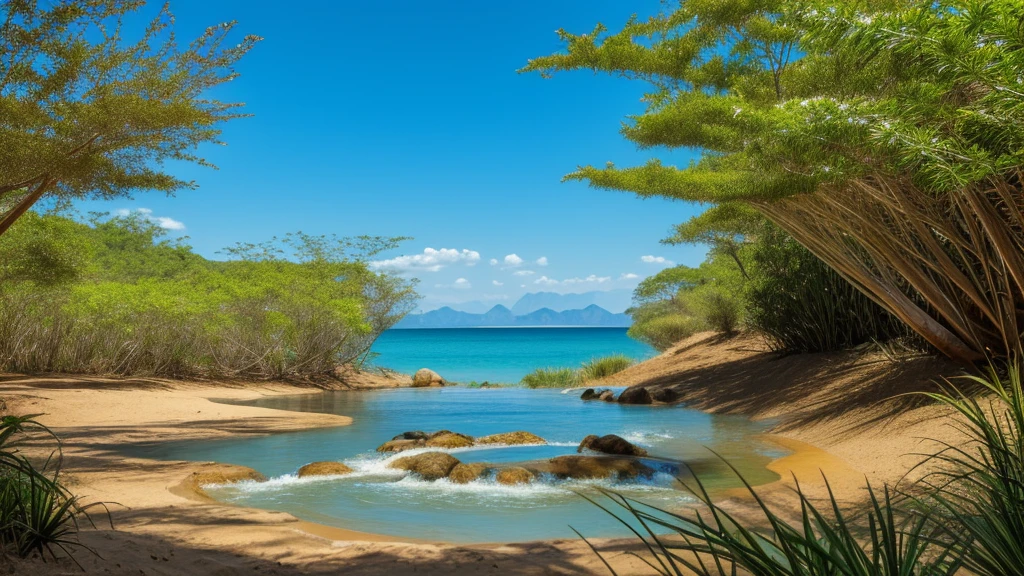"Create a realistic illustration of a hand formed from branches and green leaves of Cerrado trees, including palm trees, buritis and grasses, emerging from the sandy soil of the Brazilian Cerrado. The hand should delicately hold a small stream or spring of crystal clear water, flowing smoothly between your fingers. The scene must show the typical Cerrado vegetation around, with grasses, small flowers and animals from the Cerrado. The light must be natural, like a sunny day, creating a glowing effect on the water and leaves. The background should be a serene Cerrado landscape, with a clear blue sky."

