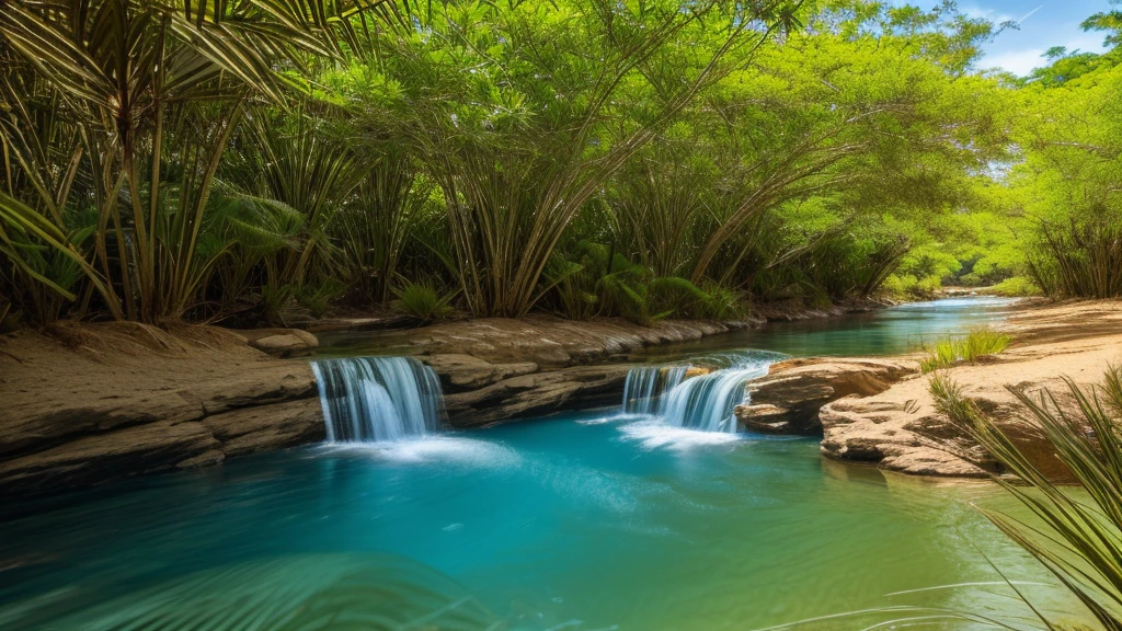 "Create a realistic illustration of a hand formed from branches and green leaves of Cerrado trees, including palm trees, buritis and grasses, emerging from the sandy soil of the Brazilian Cerrado. The hand should delicately hold a small stream or spring of crystal clear water, flowing smoothly between your fingers. The scene must show the typical Cerrado vegetation around, with grasses, small flowers and animals from the Cerrado. The light must be natural, like a sunny day, creating a glowing effect on the water and leaves. The background should be a serene Cerrado landscape, with a clear blue sky."