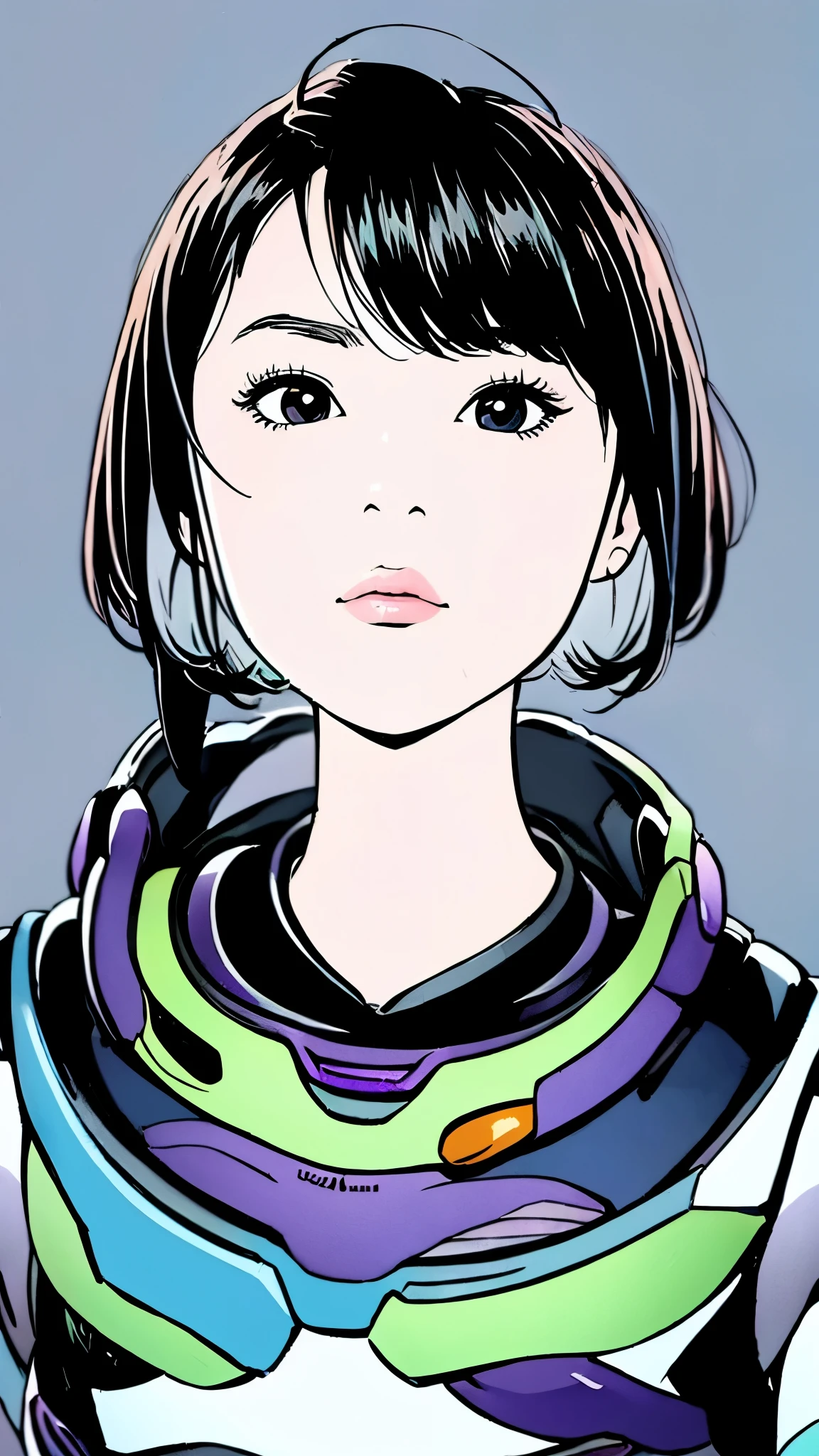 Buzz Lightyear、woman、Black Hair、Short Hair、Upper Body、Simple Background、Close-up of face、