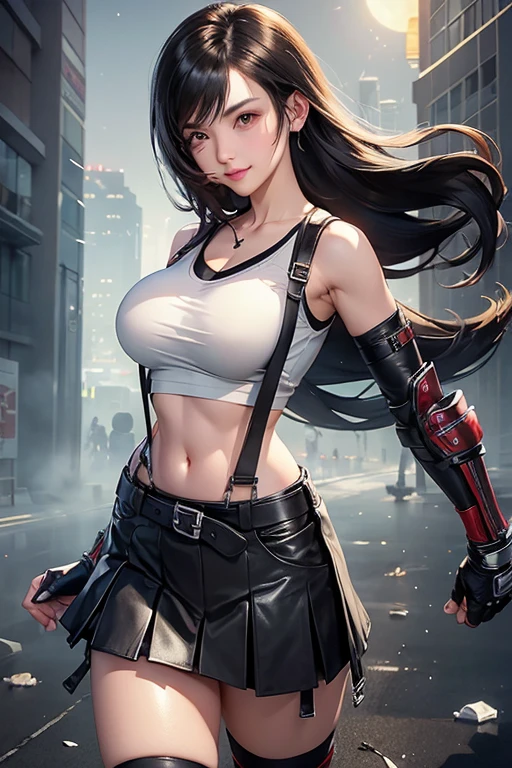 (((Full and soft breasts,)))(((Huge breasts))) (((Cleavage))) (Perfect curvy figure)(masterpiece), best quality, Expressive eyes, Perfect face, 1 girl, Solitary, 7rtifa, White cropped top, Arm Guard, Fingerless gloves, Suspenders, Pleated Mini Skirt, Black over-the-knee stockings, Red Boots, City, metallic City, night, Smile, Strike a pose, permanent, Upper Body, portrait, Looking at the audience,