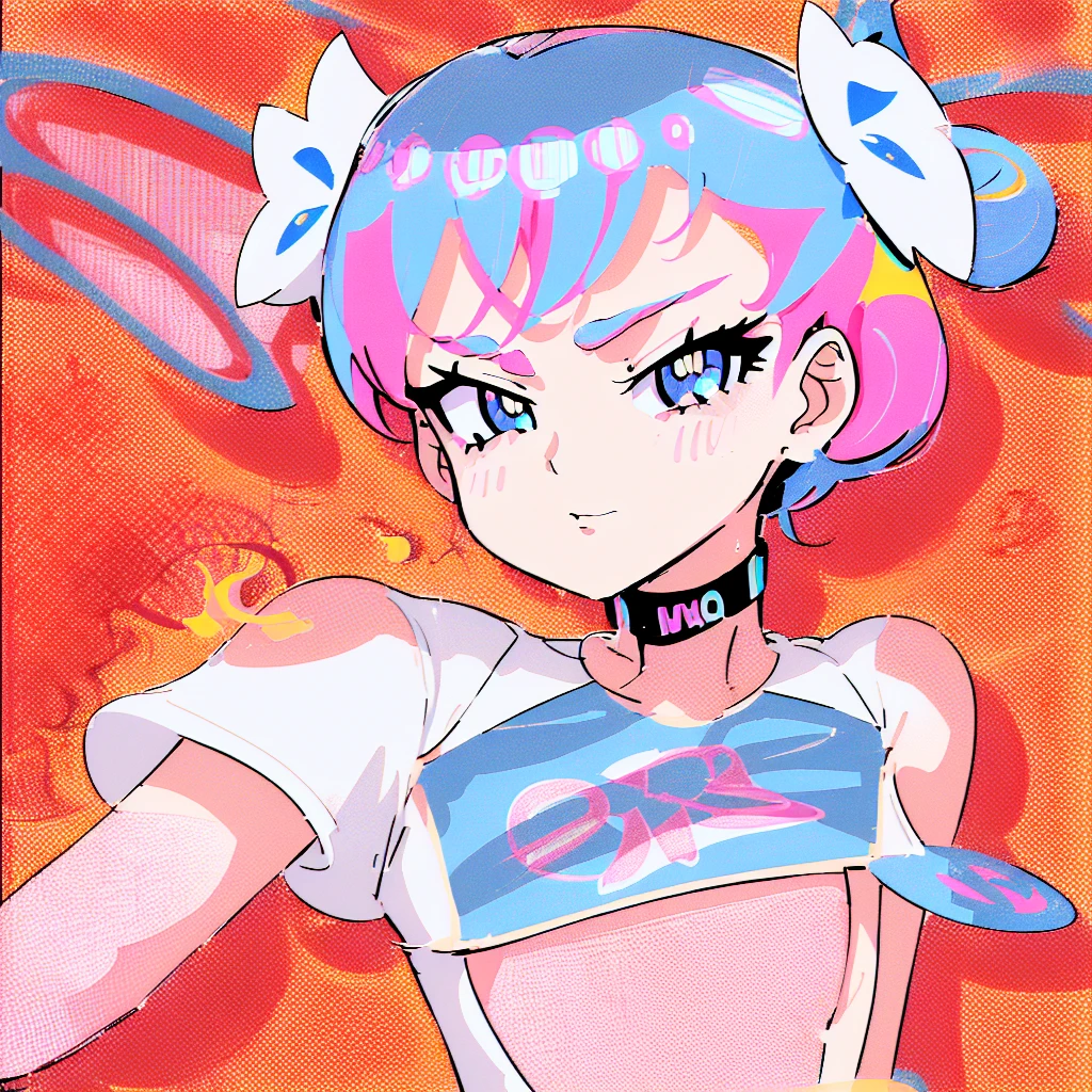 (masterpiece), Highest quality, One girl, Part your lips, Upper Body, bangs, Pastel background, Bodysuits,(popart, mixed media:1.2),((Roy Lichtenstein-esque depiction)),(blue eyes,Wearing headphones)