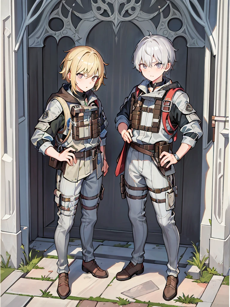 They are 12-year-old boys twin blondes with silver eyes. One has an energetic and curious expression, dressed in rugged survival attire. Another one appears more serious and focused, also dressed in practical survival gear with a pragmatic touch. it has to be full body 