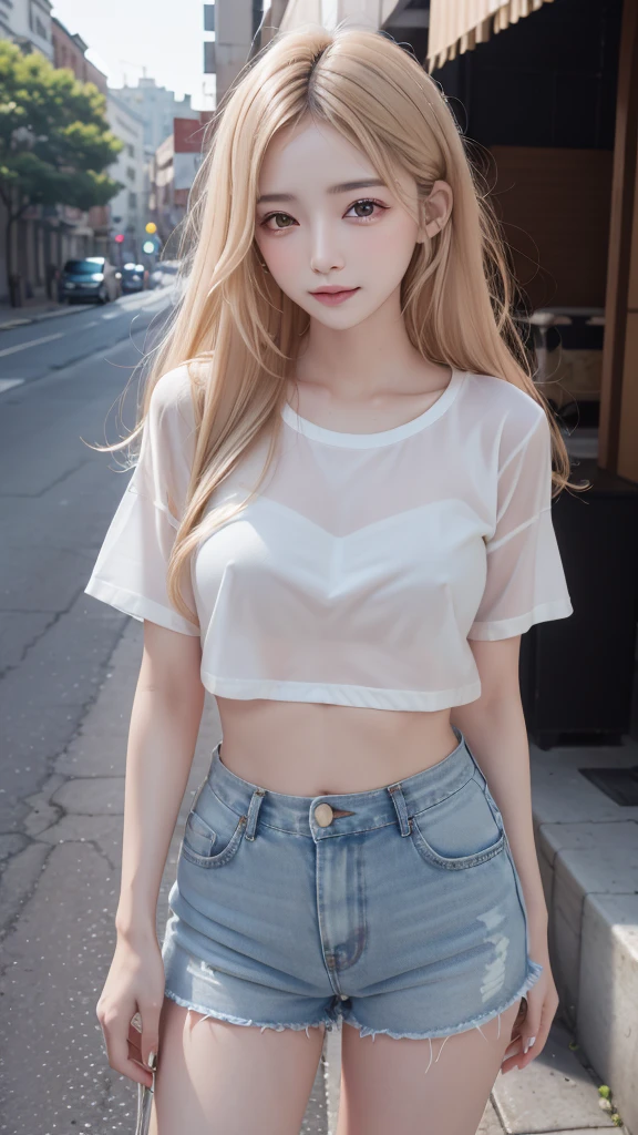 ((Highest quality)), ((masterpiece)), (Cinematic aesthetics:1.4) Beautiful Asian Fashion Model、thin eyebrows,Double eyelids of the eyes,Shortcut Wolf,hair color is blonde,Clear Skin,Smile,Tight T-shirt,Shorts,Beautiful legs,sneakers,Default,whole body,sexy