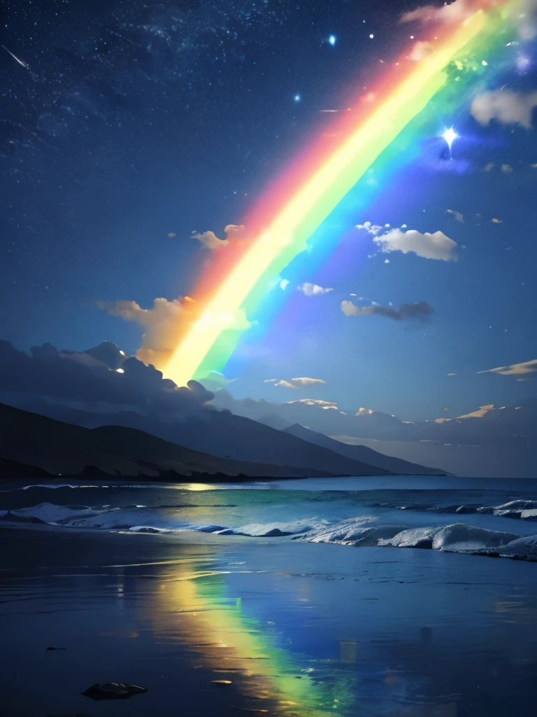 there is a rainbow that is shining brightly in the night sky, rainbow in the sky, on a clear magnificent night sky with twinkle stars, night sky, dark, deep blue theme