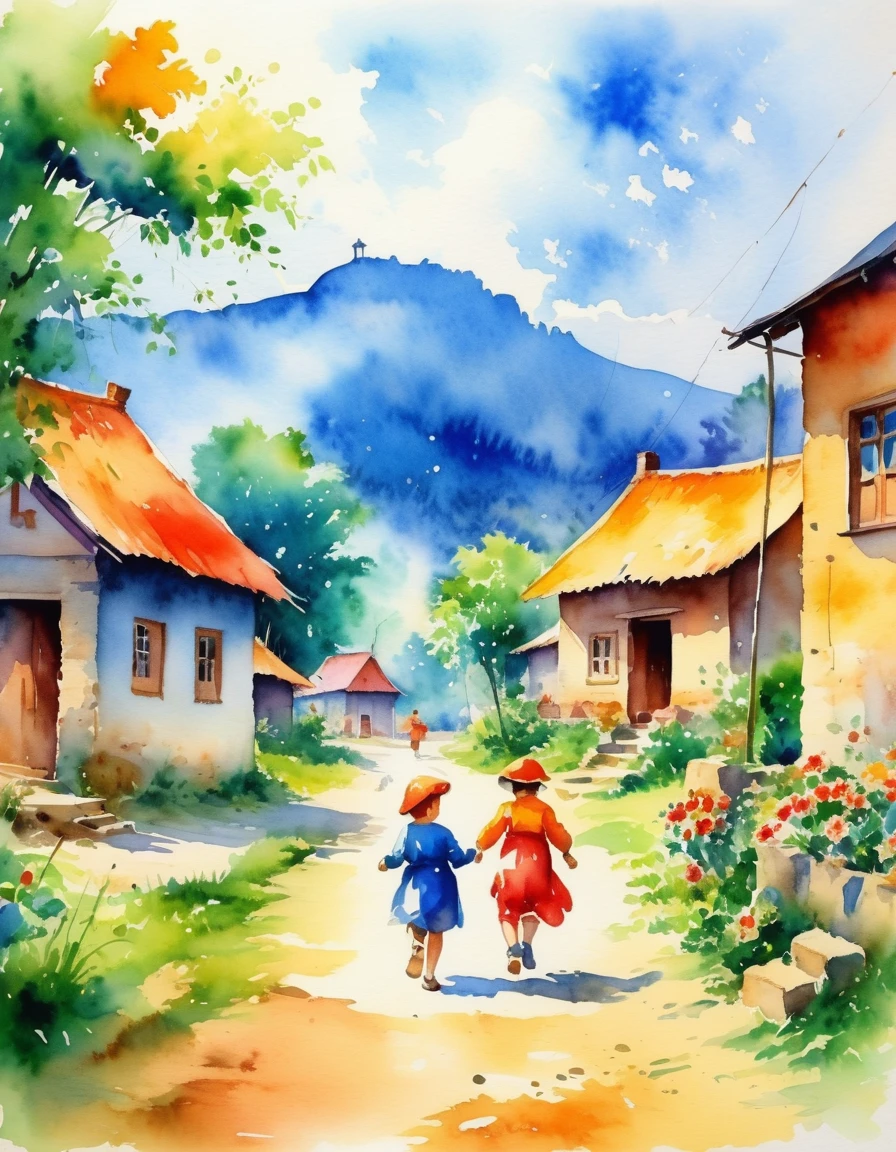 Atmosphere in a rural village There were children playing happily in 1917, the way of life, natural atmosphere, bright colors, bright and beautiful, watercolor pictures.