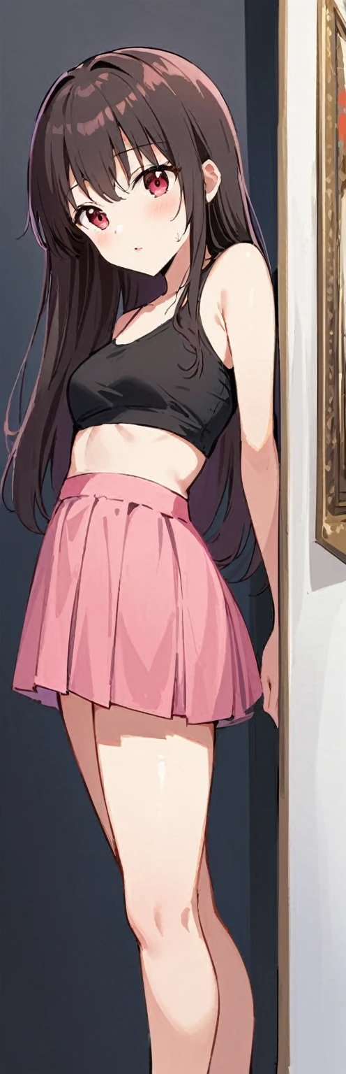 (work of art, best qualityer:1.2), 1 girl, standing alone,standing_to divide, 
yuuki mikan, long hair, without blackw sleeveless short vest，pink skirt，blackw, hot. sexly, nsfw, witheout panties 