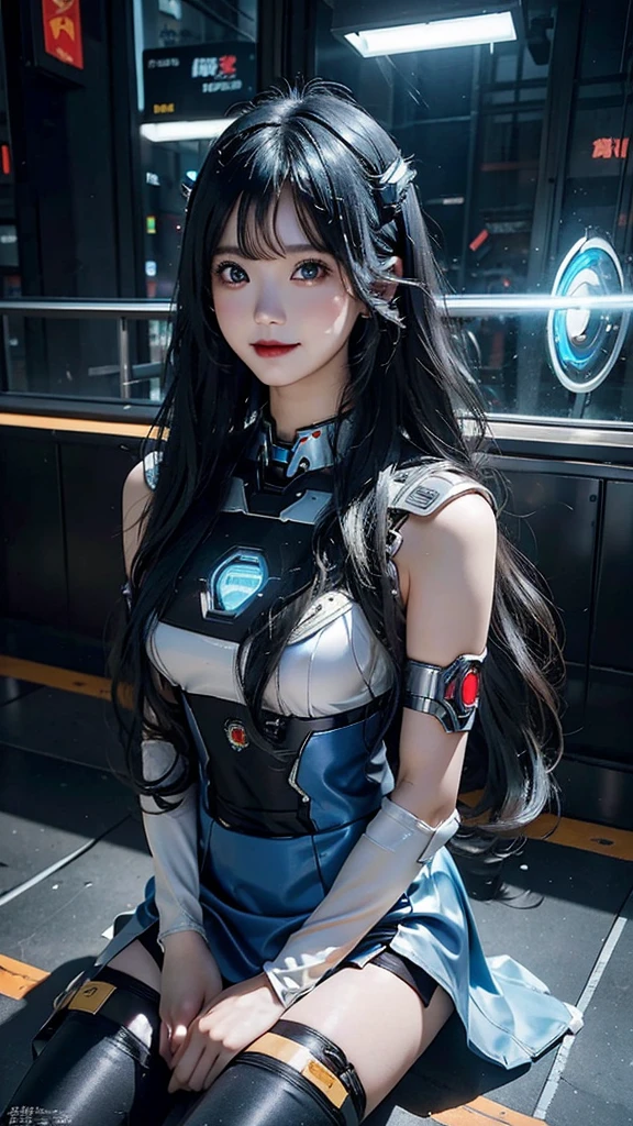 Beautiful Iron Man,Angelic countenance,Full body portrait,the long flowing blue hair,big eyes,Flashing pupils,shy,Blush,Smile,Delicate depiction of the face,Wearing a blue JK short skirt and black pantyhose,Wearing high heels,Cyberpunk,Night,Hyperrealism,Neon Street,Ray Tracing,masterpiece,Pixel Perfect,make a fist,Delicate hand engraving,Light and Shadow,Sweat,Fine drawing,Sitting,Fire chest cannon Model: Day Man 2, Hires upscale: 1.5,