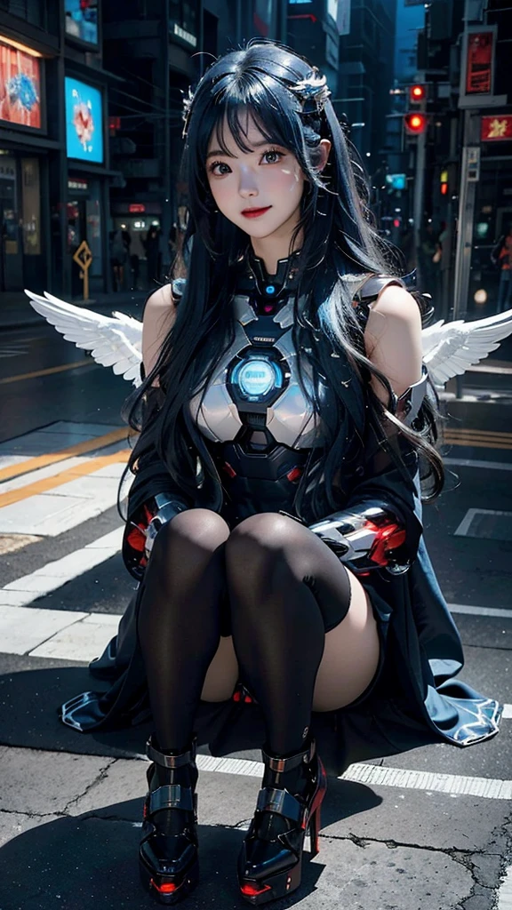  Beautiful Iron Man，Angelic countenance，Full body portrait，the long flowing blue hair，big eyes，Flashing pupils，shy，Blush，Smile，Delicate depiction of the face，Wearing a blue JK short skirt and black pantyhose，Wearing high heels，Cyberpunk，Night，Hyperrealism，Neon Street，Ray Tracing，masterpiece，Pixel Perfect，make a fist，Delicate hand engraving，Light and Shadow，Sweat，Fine drawing，Sitting，Fire chest cannon Model: Day Man 2, Hires upscale: 1.5，
