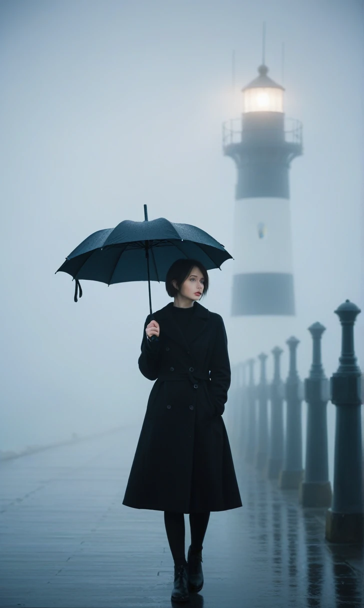 girl, Short hair, Black coat, cool,rain,blur,Fog,middle,cool,boring,,pier,only,lighthouse in the distance,Coast, Street lamp, The dim light shines in the Fog,and the figure stands in the Fog holding an umbrella