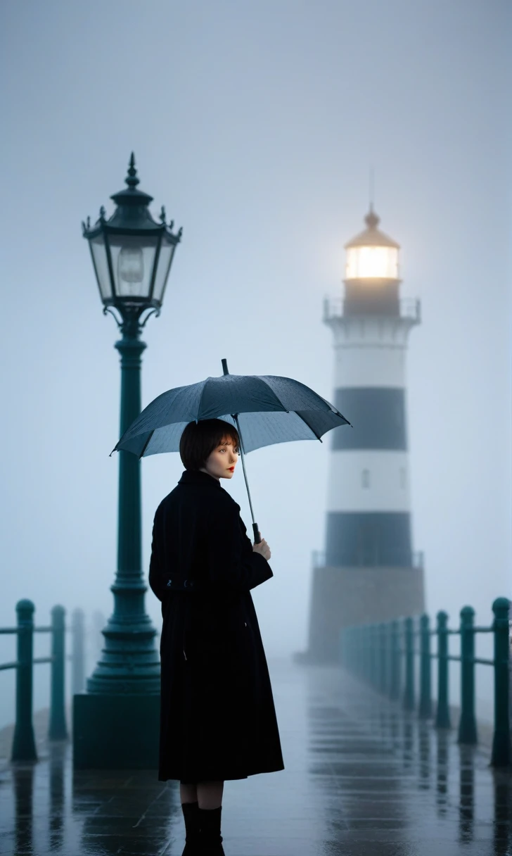 girl, Short hair, Black coat, cool,rain,blur,Fog,middle,cool,boring,,pier,only,lighthouse in the distance,Coast, Street lamp, The dim light shines in the Fog,and the figure stands in the Fog holding an umbrella