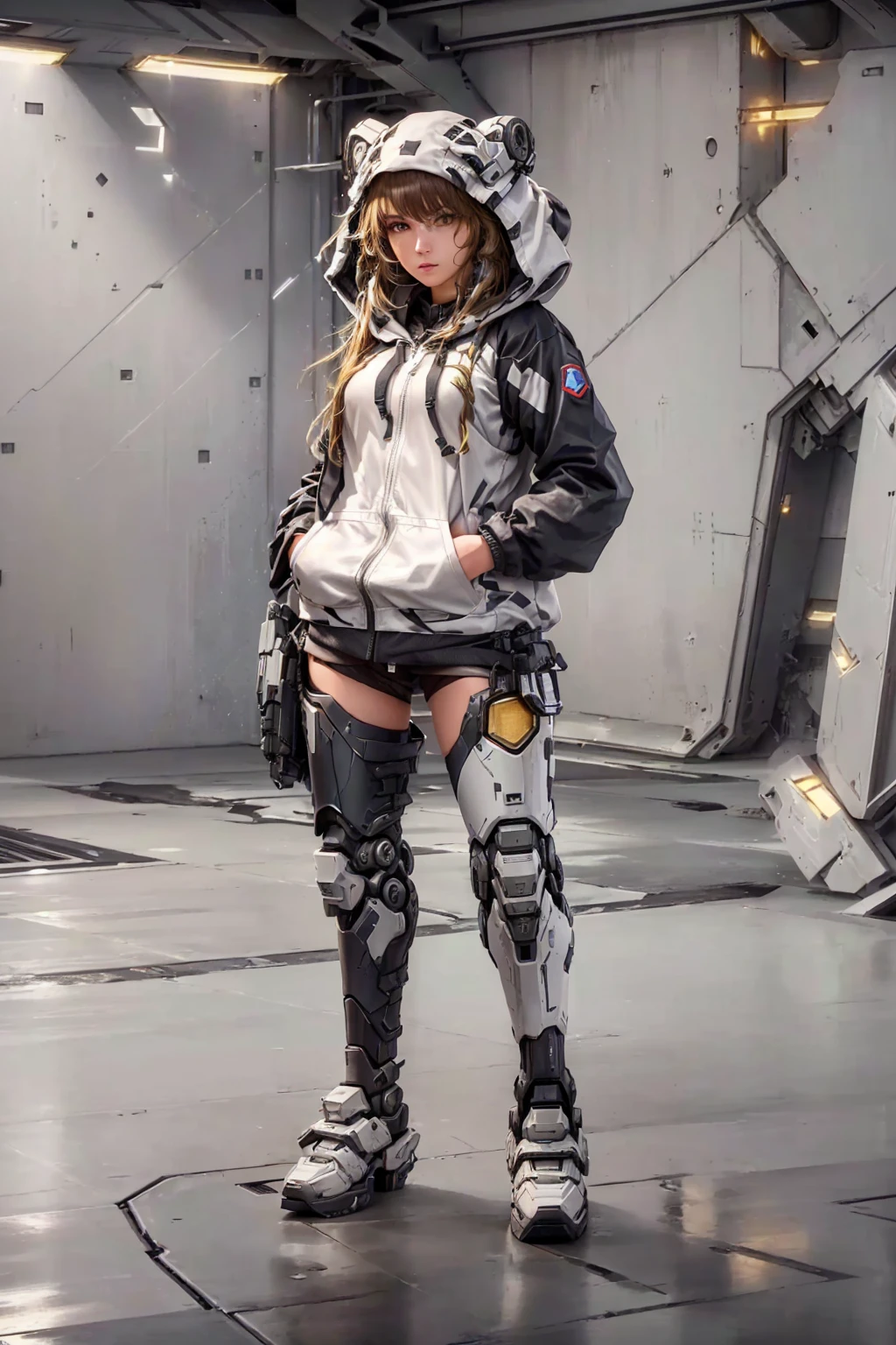 arafed woman in a futuristic suit standing in a room, mechanized soldier girl, girl in hoodie, wearing techwear and armor,
