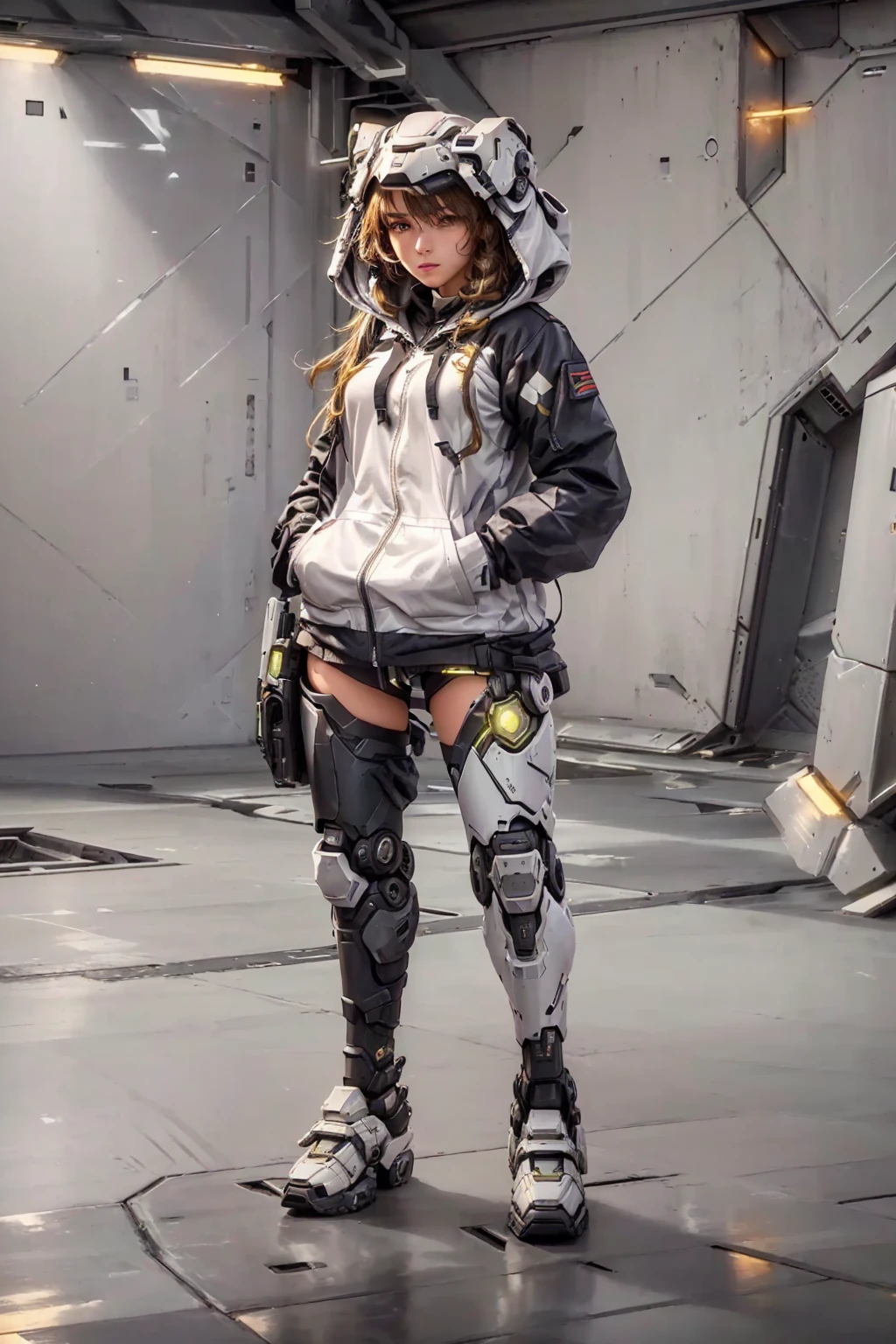 arafed woman in a futuristic suit standing in a room, mechanized soldier girl,  girl in hoodie, wearing techwear and armor, 