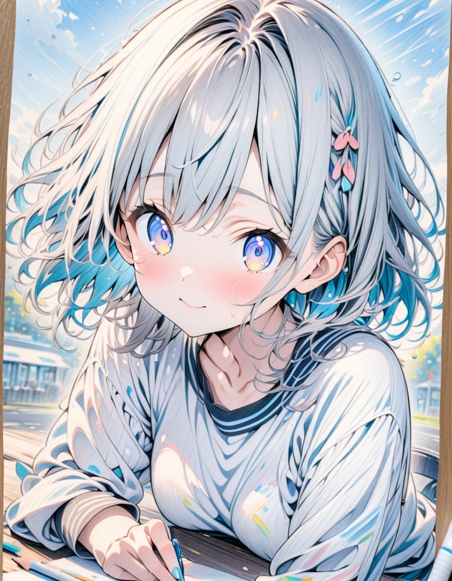 ((style:Colored pencil,pale colour)),(anime)、(masterpiece:1.2),blue sky、A big jump into the sky、girl、cute