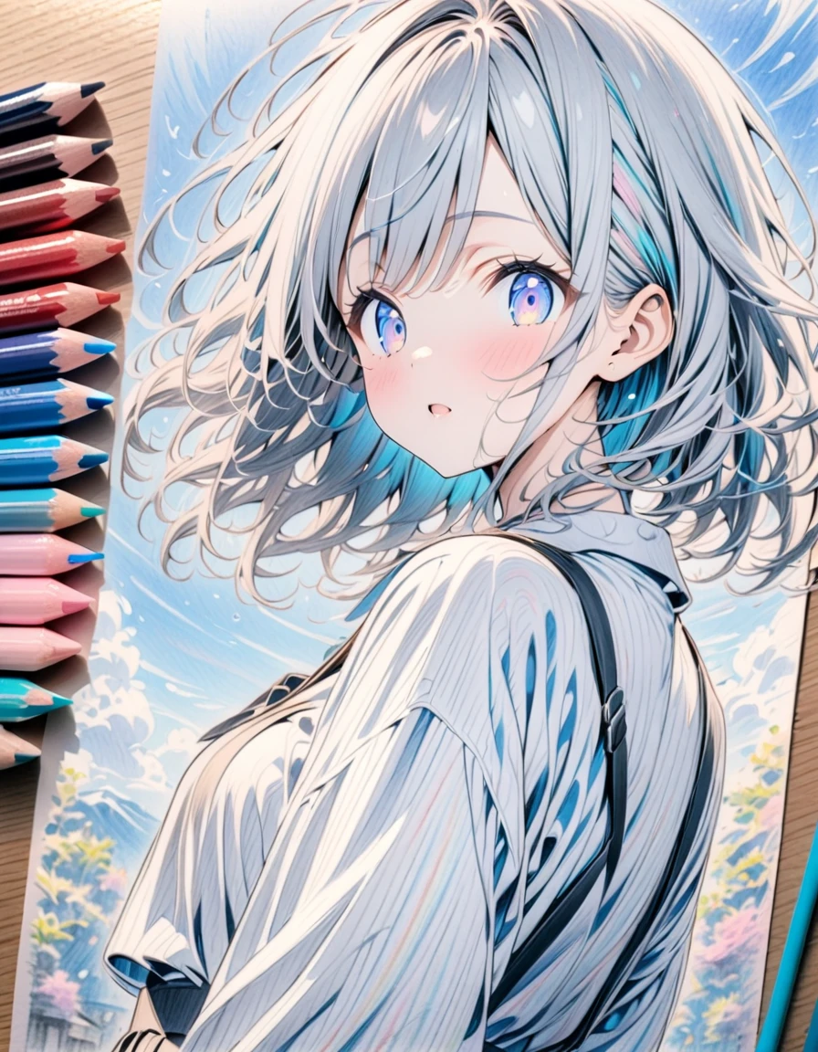 ((style:Colored pencil,pale colour)),(anime)、(masterpiece:1.2),blue sky、A big jump into the sky、girl、cute