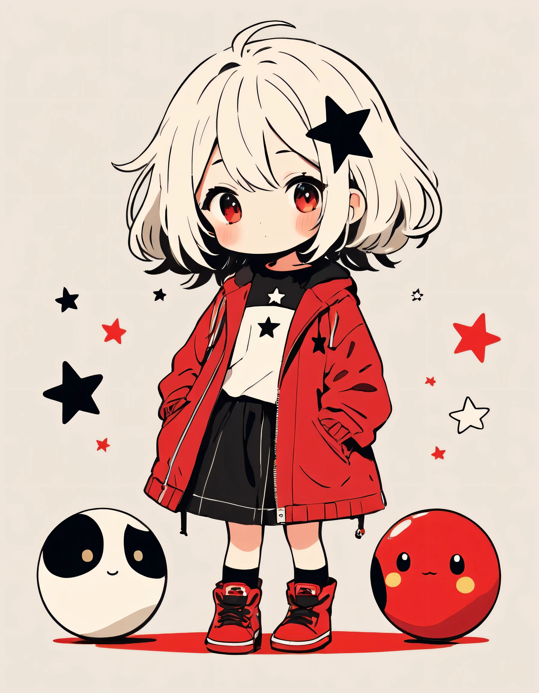 Black Star Red and White style, Simple Line Initialism，Abstract art，Kawaii Design, The most beautiful girl of all time、chibi, Colorful and cute balls