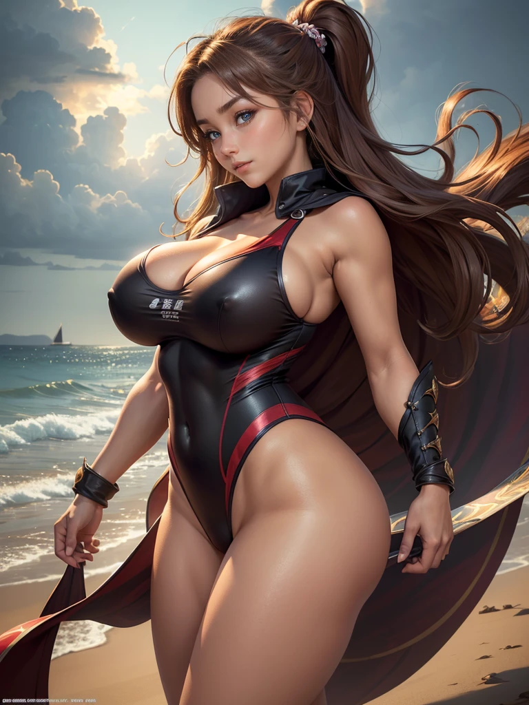 Highly detailed CG unit 8K wallpaper, masterpiece, High resolution, highest quality, highest quality real texture skin, Super Real, Digital Painting, Best image quality, 最High resolution, 8K, (((1 girl))), Very beautiful ager, ((Highly detailed eyes and face)), Beautiful eyes in every detail, (Full Body Shot, profile), competition swimsuit, one-piece swimsuit, cleavage cutout, sideboob, chinese style embroidery, cape, ((gigantic breasts, sagging breasts, disproportionate breasts, huge breasts, sagging breasts, curvy, erect nipple, ,((tanned skin)), smile, Strong winds, typhoon, light brown hair,